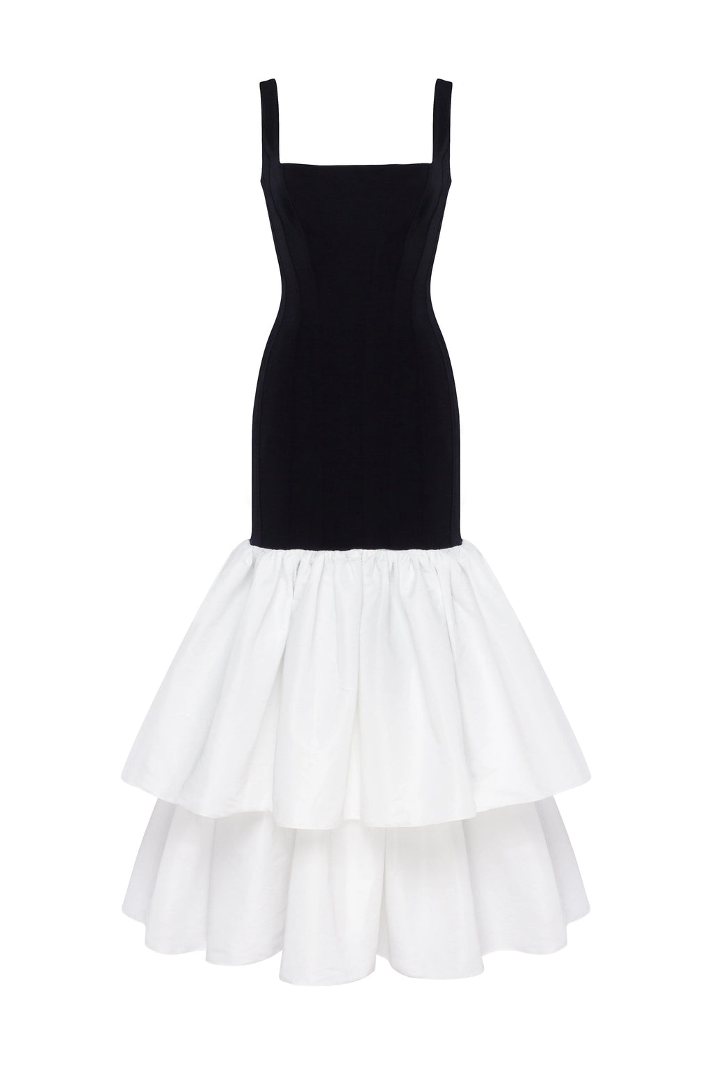Black fitted maxi dress with white puffy tiered skirt Parisienne