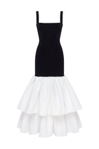 Black fitted maxi dress with white puffy tiered skirt Parisienne