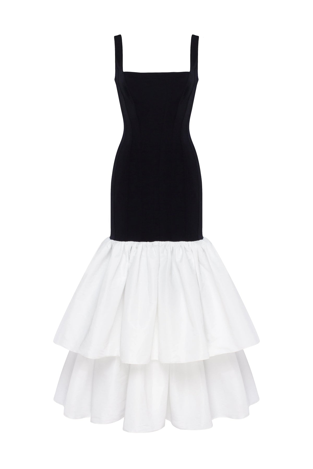 Black fitted maxi dress with white puffy tiered skirt Parisienne
