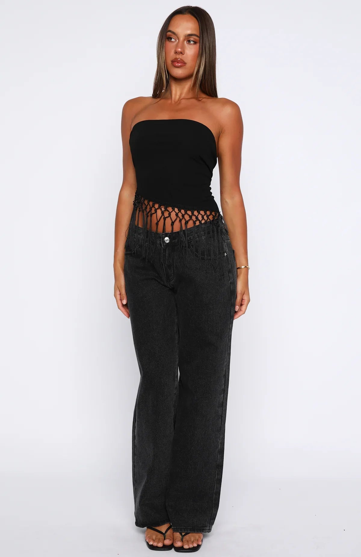 Sweet As Me Strapless Fringe Top Black