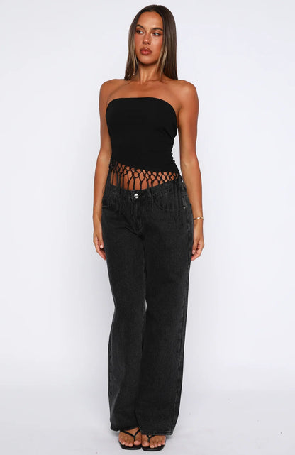 Sweet As Me Strapless Fringe Top Black