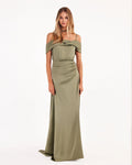 Elegant olive off the shoulder silk maxi dress