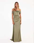 Elegant olive off the shoulder silk maxi dress