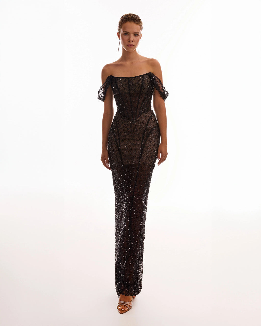Striking black sequined fitted maxi dress Midnight Walk