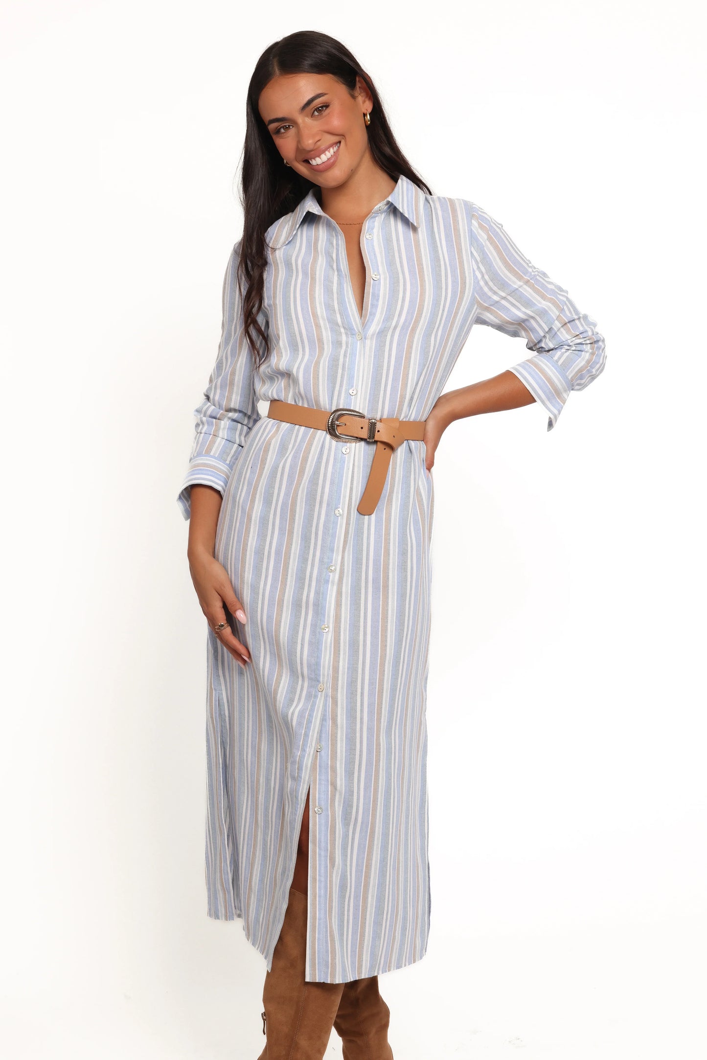 Caprice Long Sleeve Button Down Maxi Dress Blue Stripe