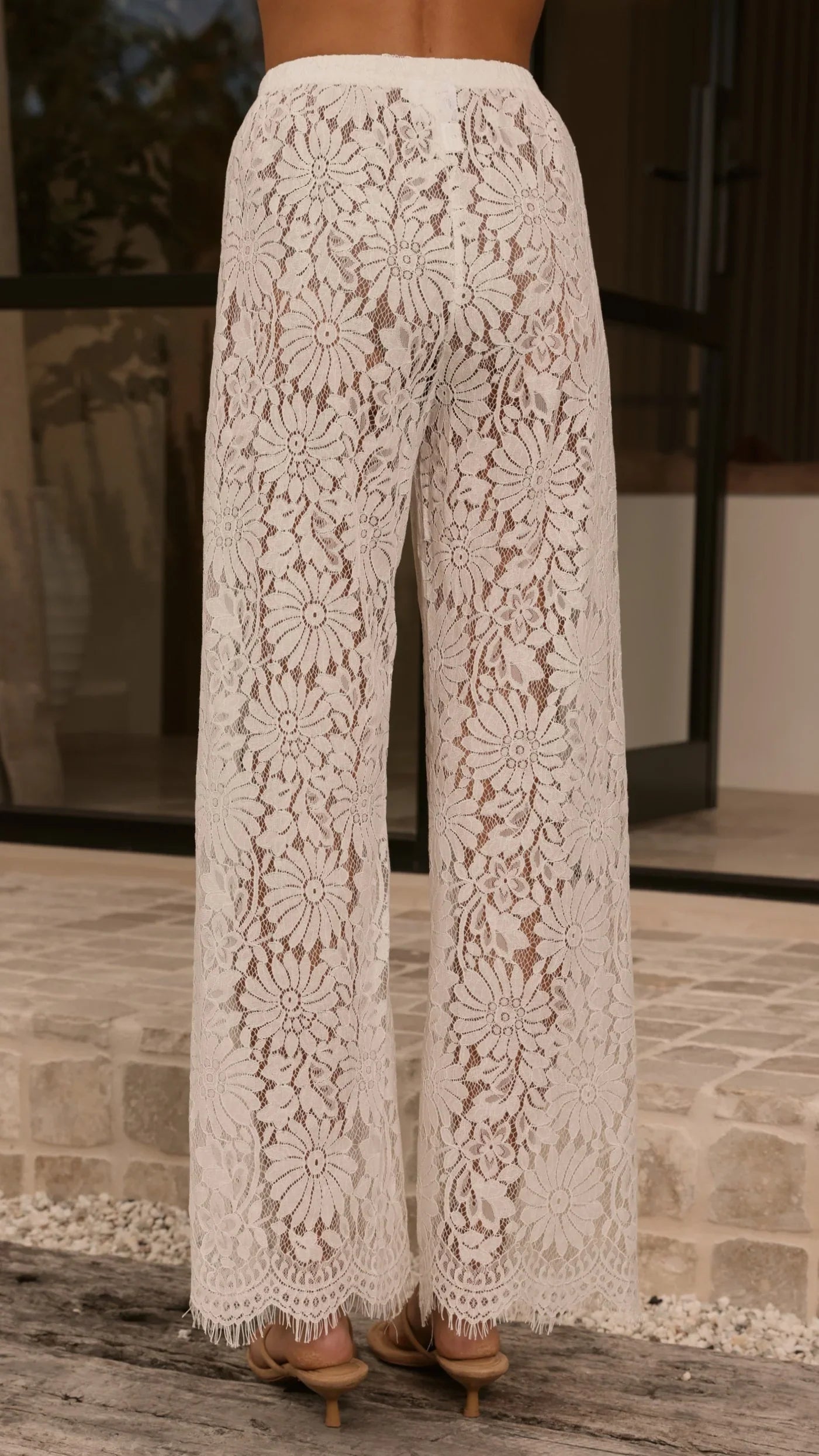 Ebony Asymmetrical Lace Top Pants Set White