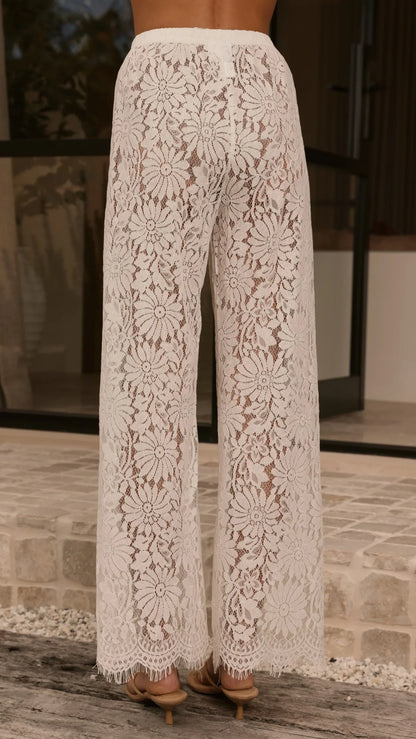 Ebony Asymmetrical Lace Top Pants Set White