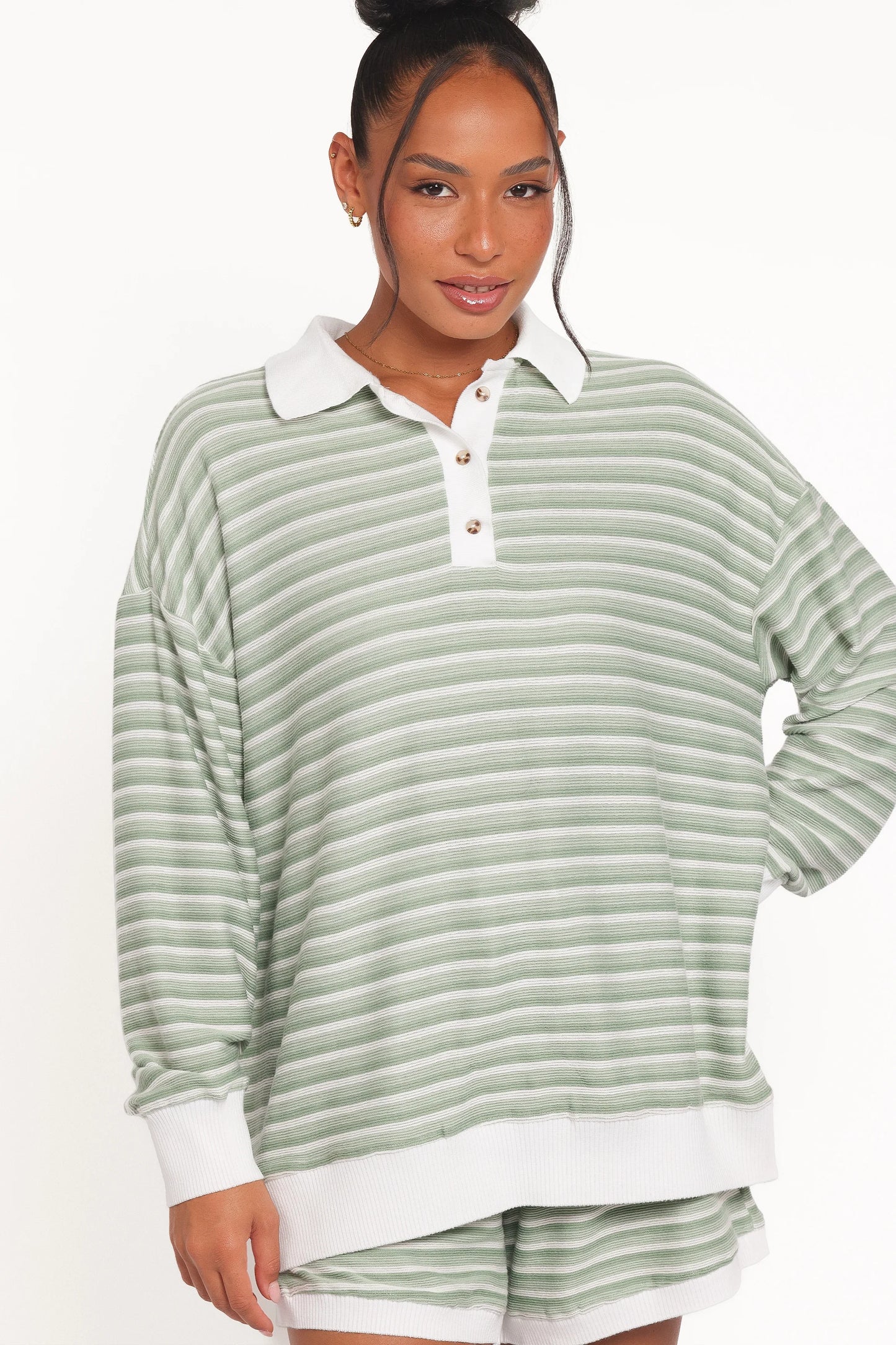 Dealia Knit Short Set Sage Stripe