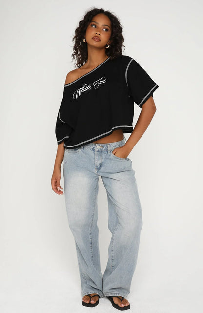 Need More Time Off Shoulder Oversized Tee Black
