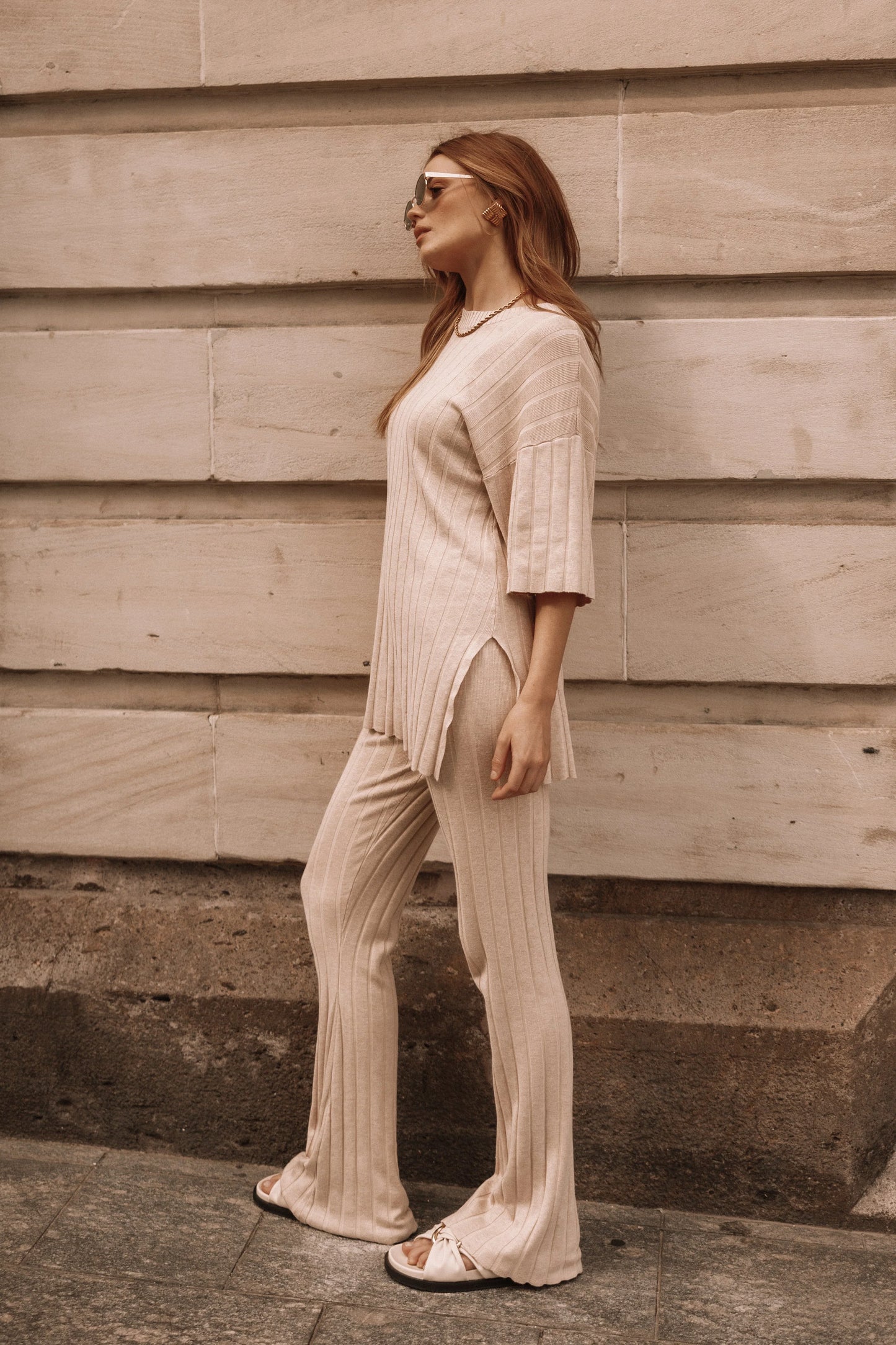 Silvie Short Sleeve Knitted Set Beige