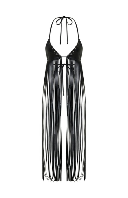 Here We Go PU Fringe Top Black