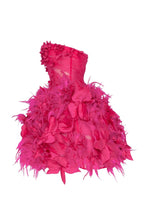 Epic fuchsia tulle mini dress with floral and feather application