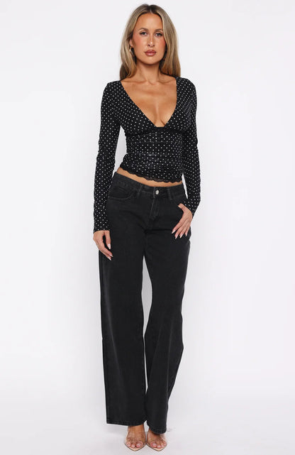 Clear As Day Long Sleeve Top Black White Polka Dot