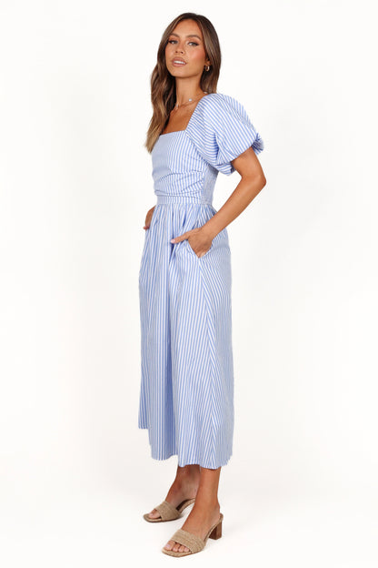 Clo Puff Sleeve Midi Dress Blue Stripe