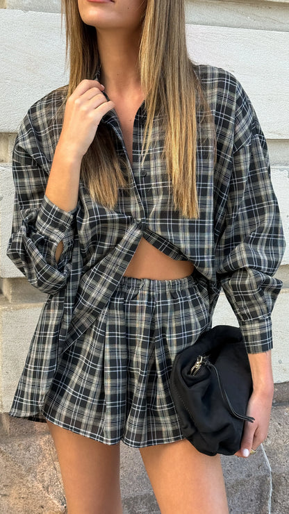 Arli Button Up Shirt Black Beige Plaid