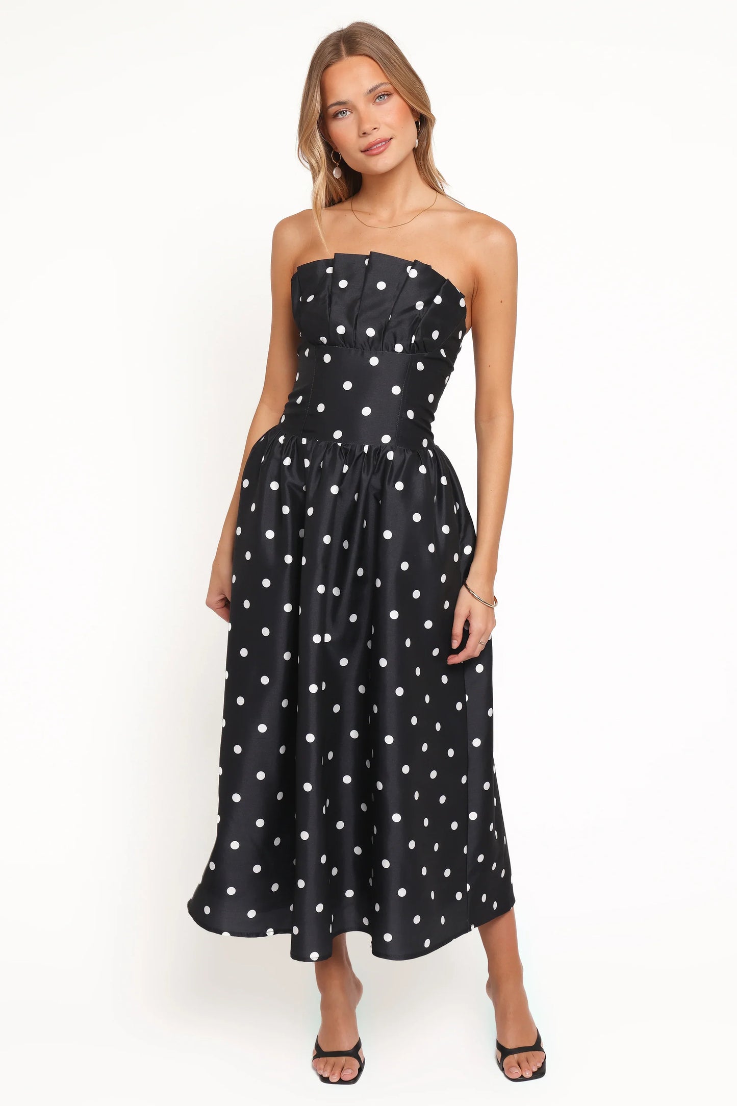 Kimbra Strapless Midi Dress Black Polka Dot