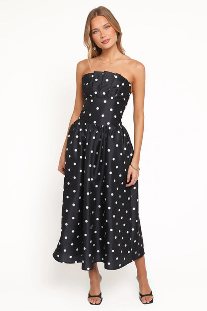 Kimbra Strapless Midi Dress Black Polka Dot