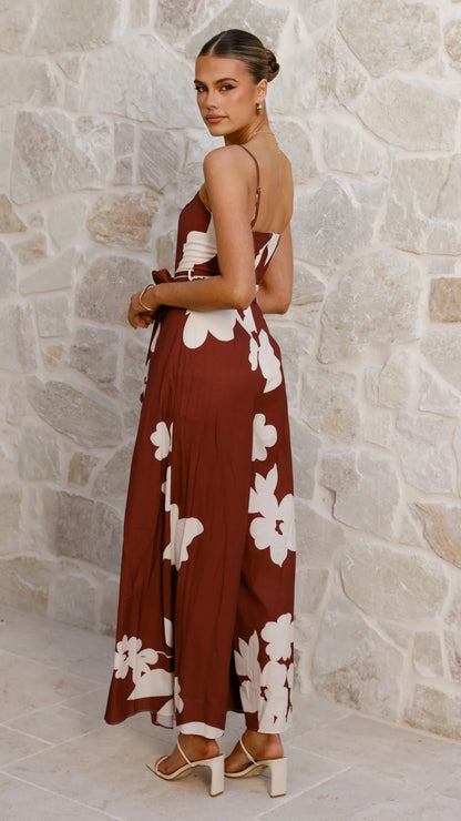 Carson Front Split Strapless Jumpsuit Merlot Floral
