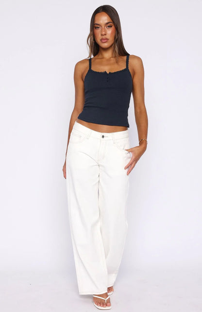 Holding On To You Lace Trim Top Navy