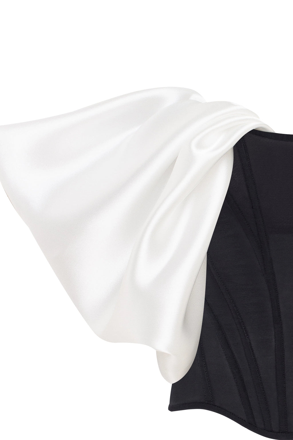 Sophisticated black fitted corset with white satin off the shoulder sleeves Midnight Walk