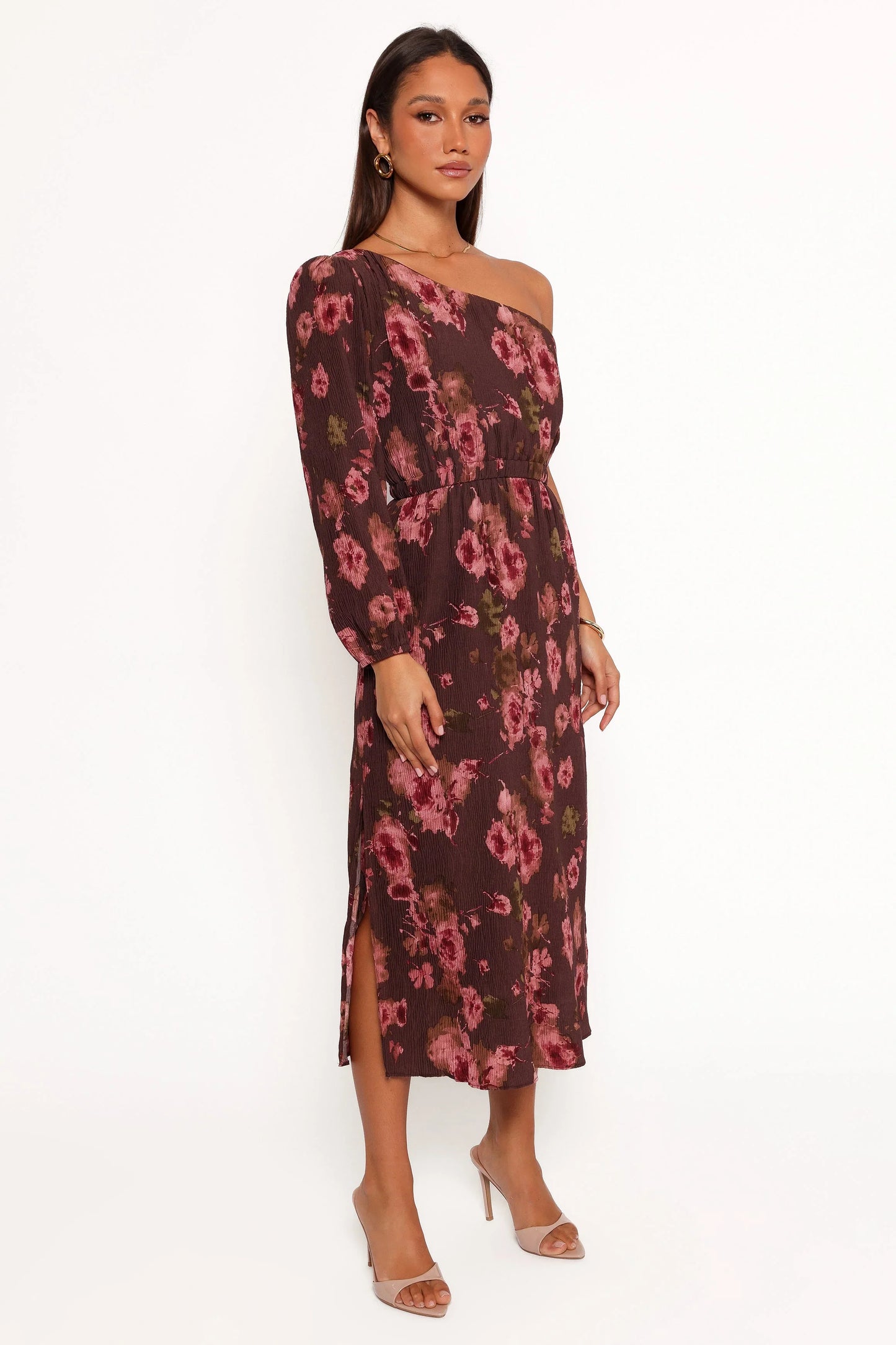 Pontee One Shoulder Pleated Midi Dress Chocolate Brown