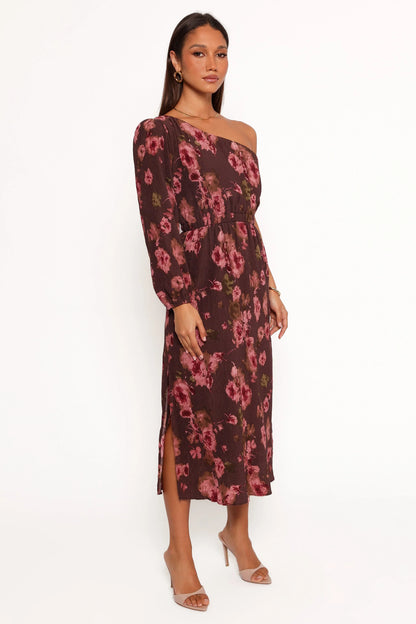 Pontee One Shoulder Pleated Midi Dress Chocolate Brown