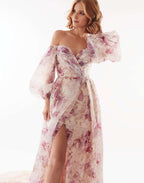 Pink Peony Elegant floral puff sleeve maxi dress
