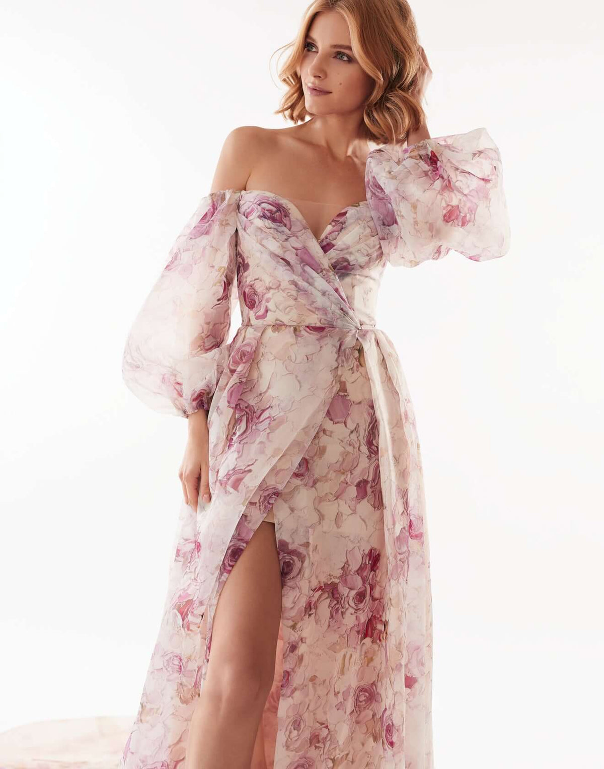 Pink Peony Elegant floral puff sleeve maxi dress