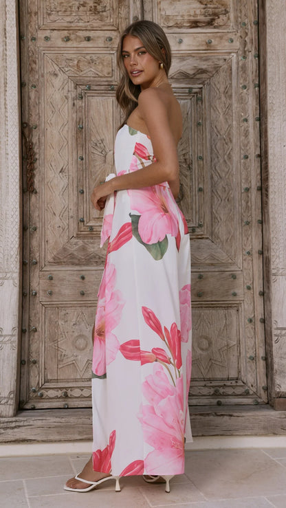 Carson Front Split Strapless Jumpsuit Pink Floral