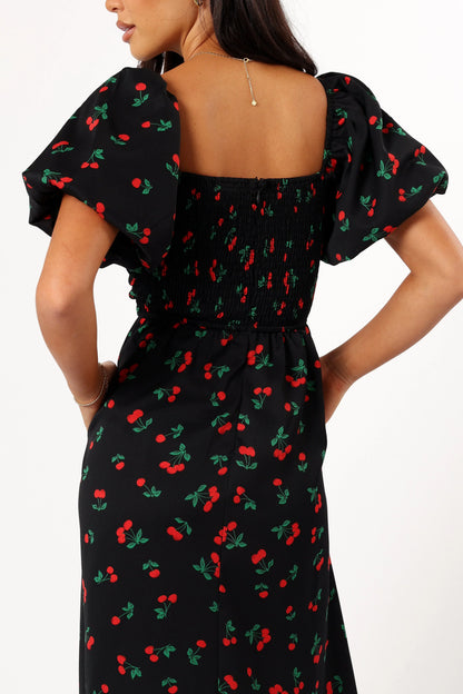 Chlo Puff Sleeve Midi Dress Cherry Print
