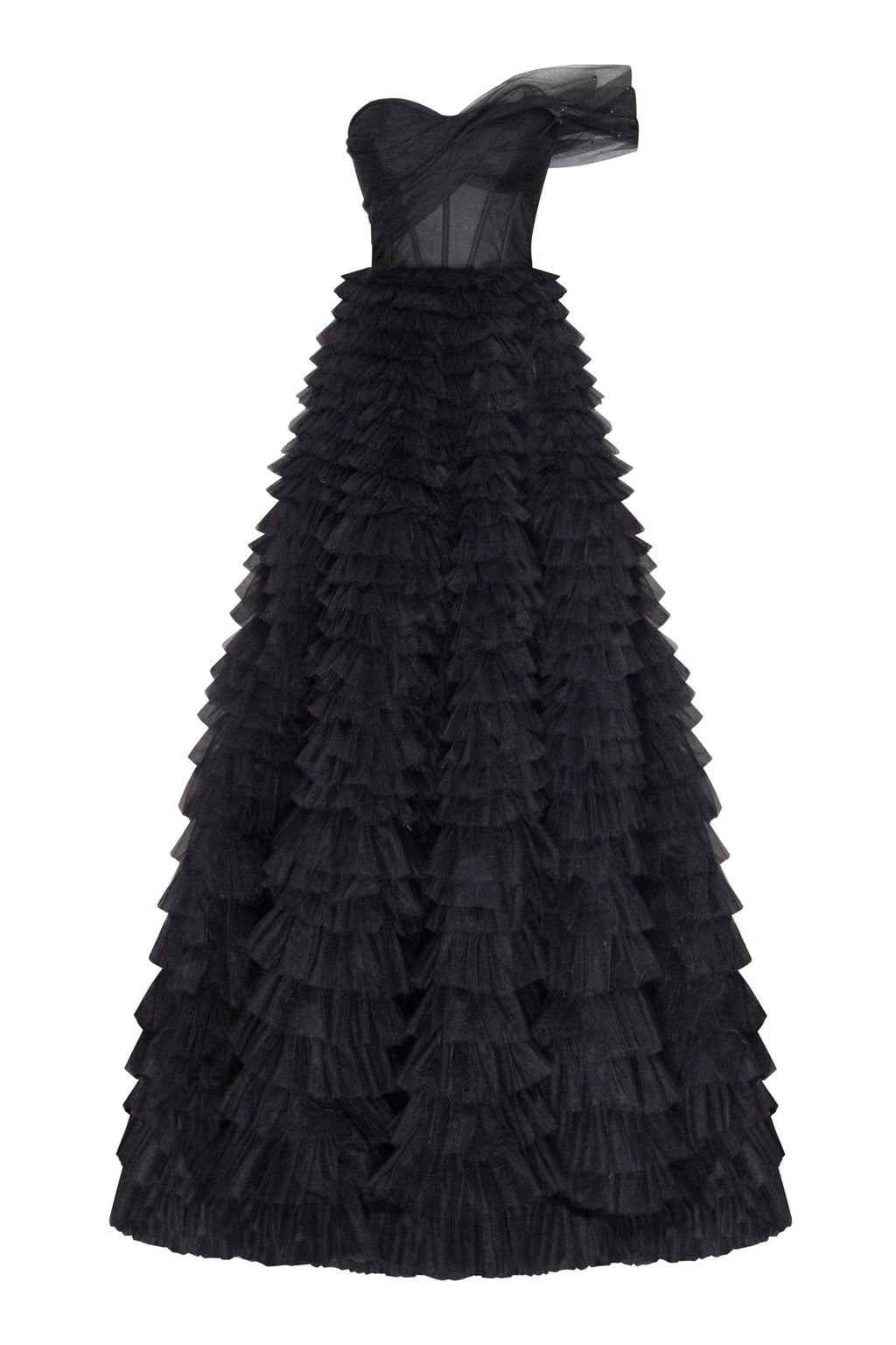 Timeless one shoulder frill layered ball gown in black