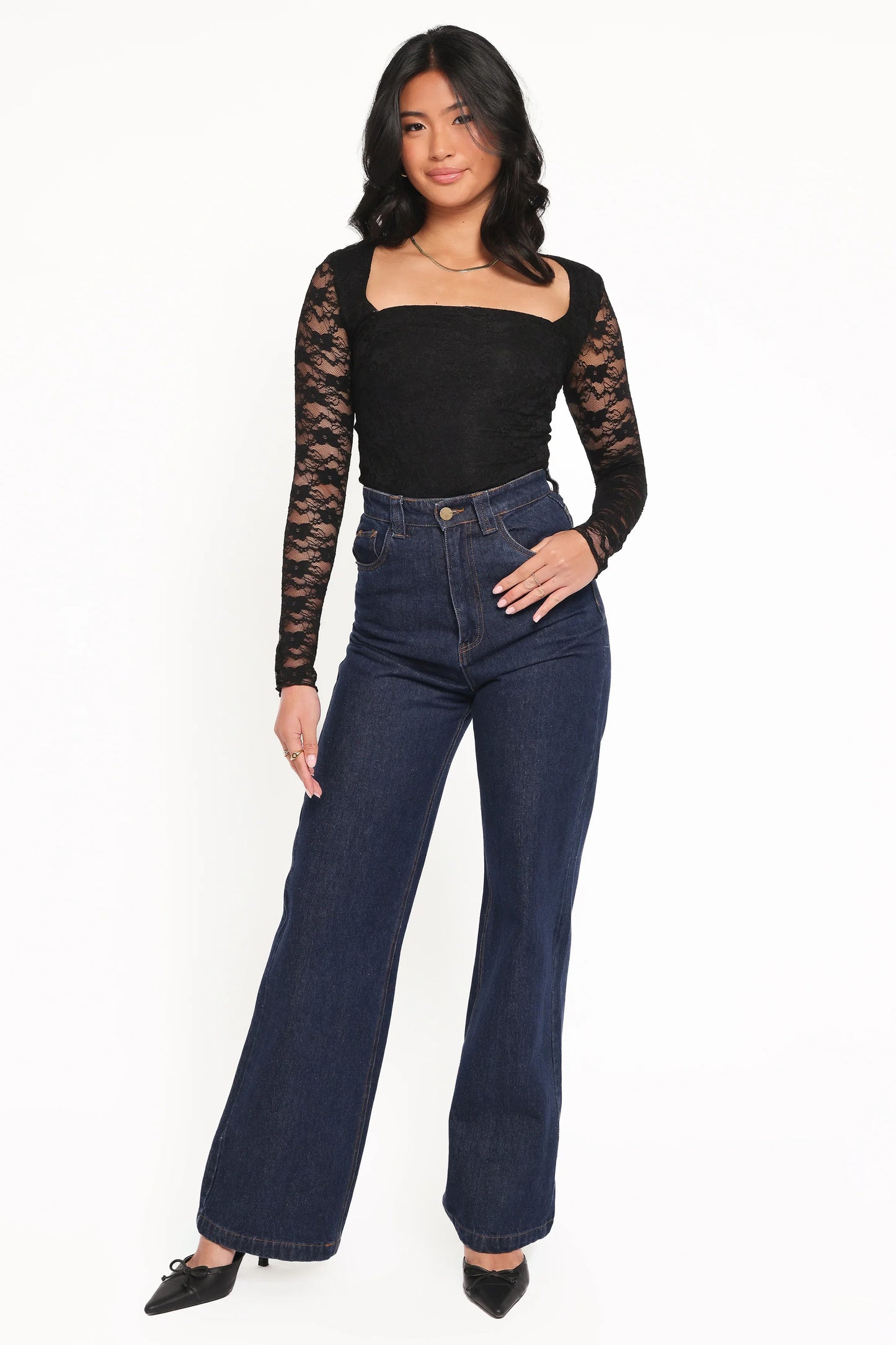 Skyler Square Neck Stretch Lace Top Black
