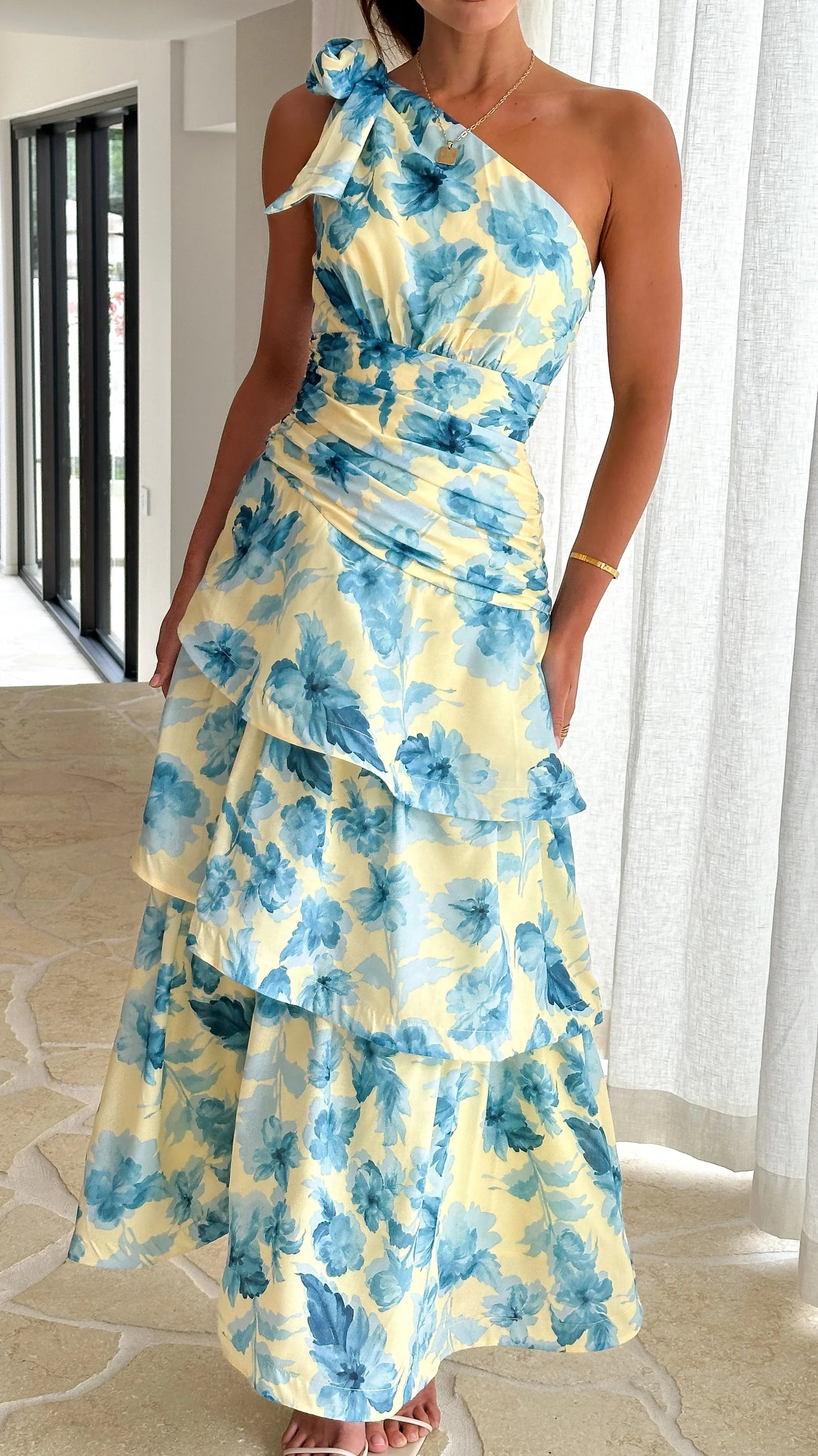 Odilie One Shoulder Maxi Dress Yellow Blue Floral