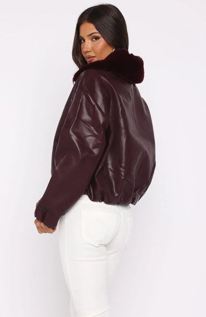 No Competition PU Bomber Jacket Burgundy