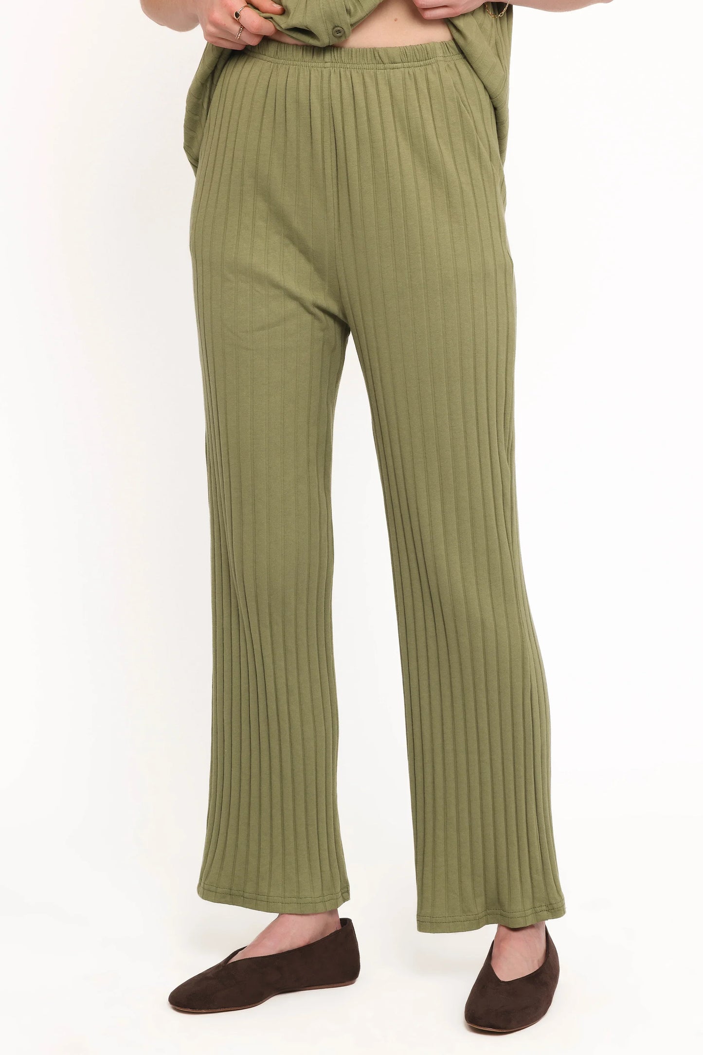 Phillipa Wide Ribbed Shirt Set Olive