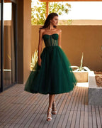 Emerald Green Strapless Puffy Midi Tulle Dress