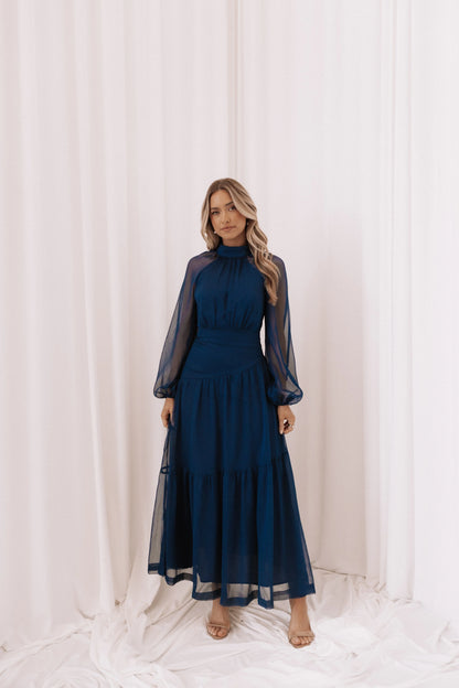 Julip Sheer Long Sleeve Maxi Dress Navy