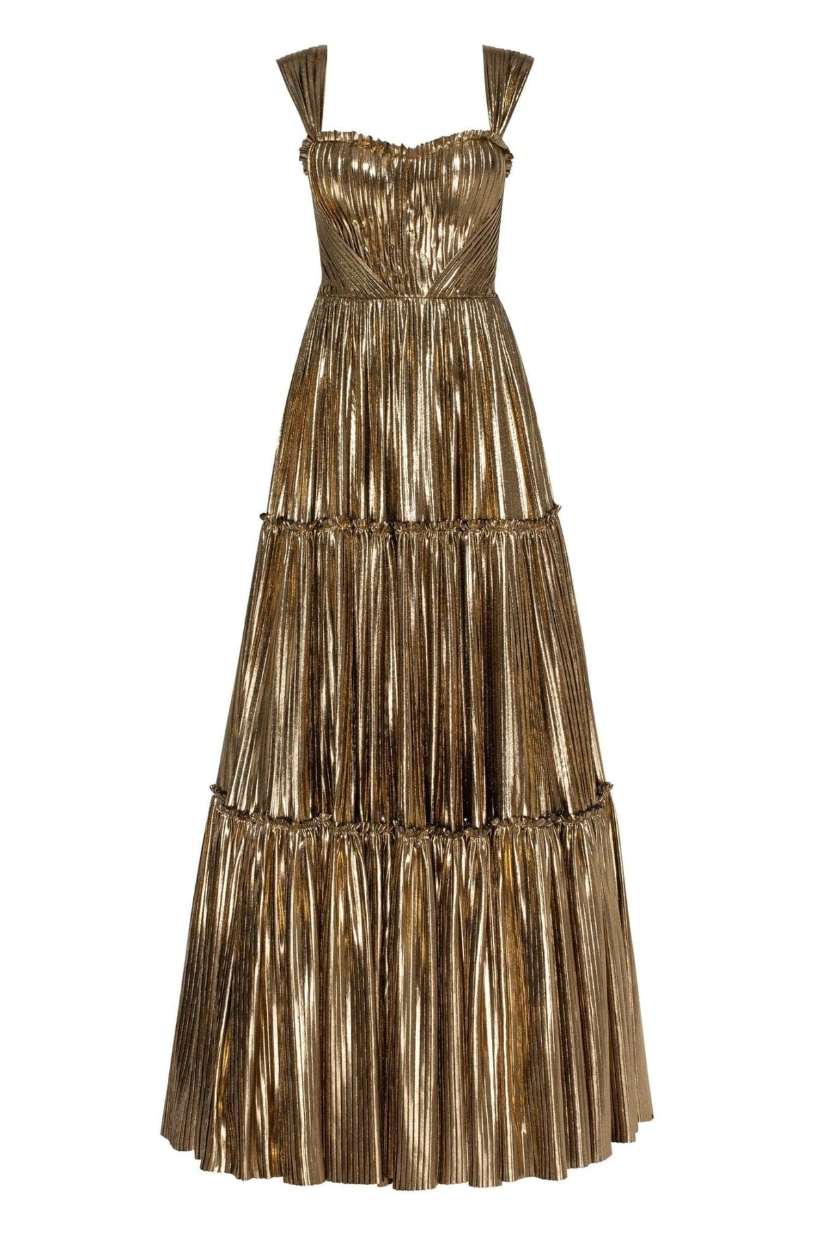 Golden Shiny maxi evening dress with an off the shoulder neckline