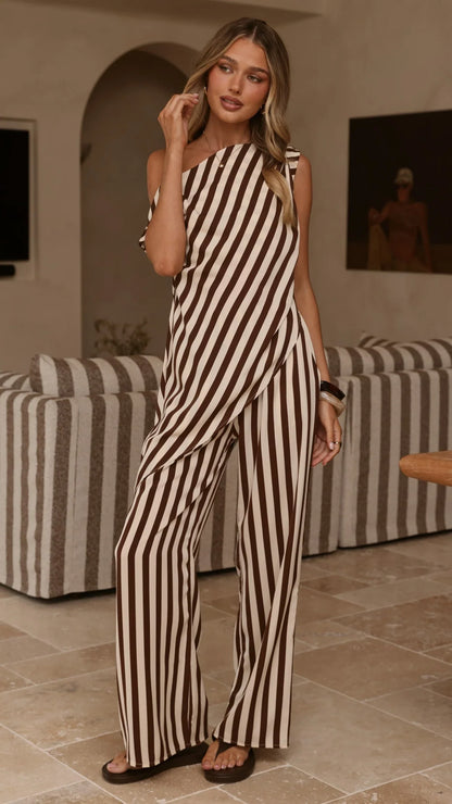Liana Off Shoulder Top Pants Set Brown Stripe