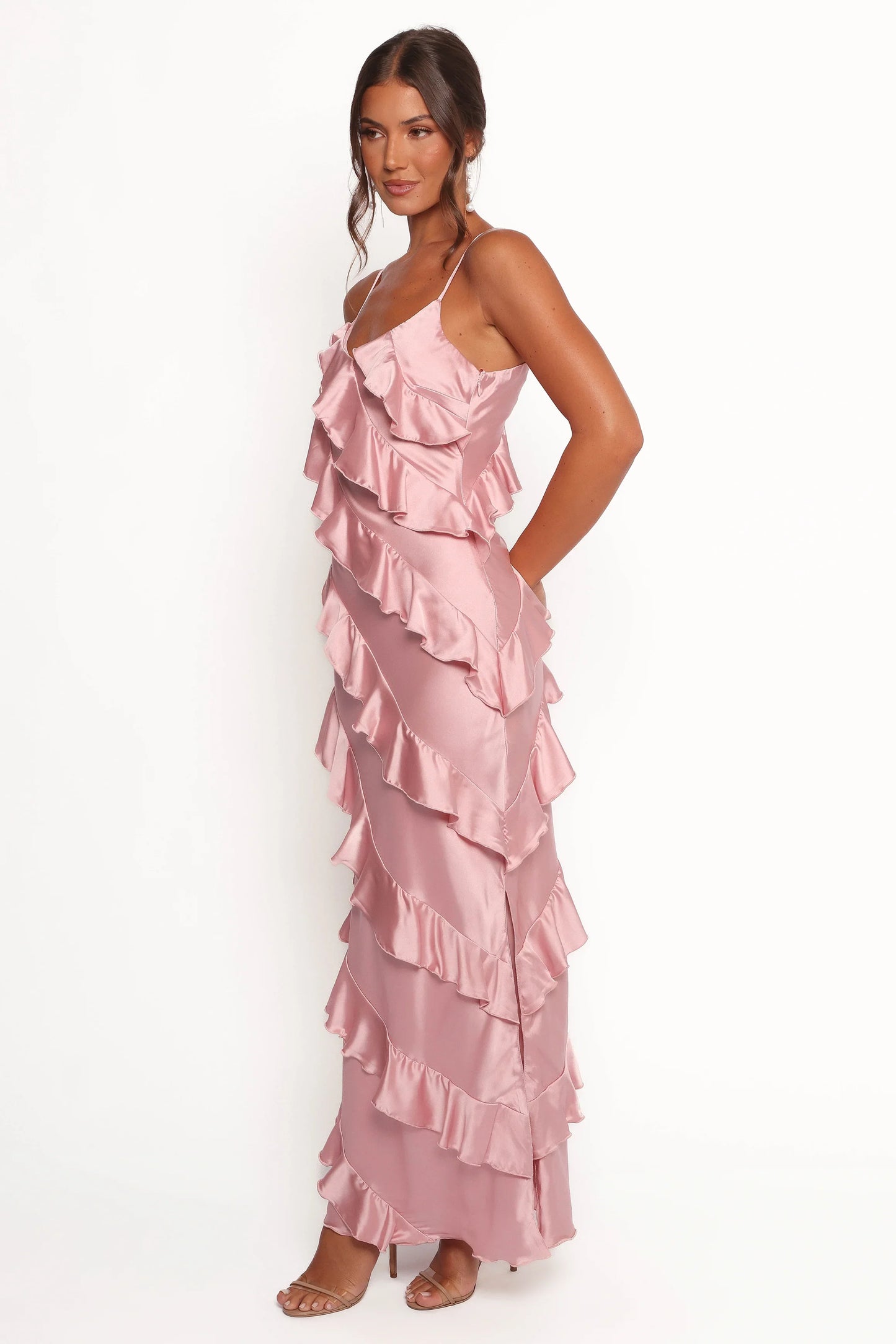 Ciao Ruffles Maxi Satin Dress Pink