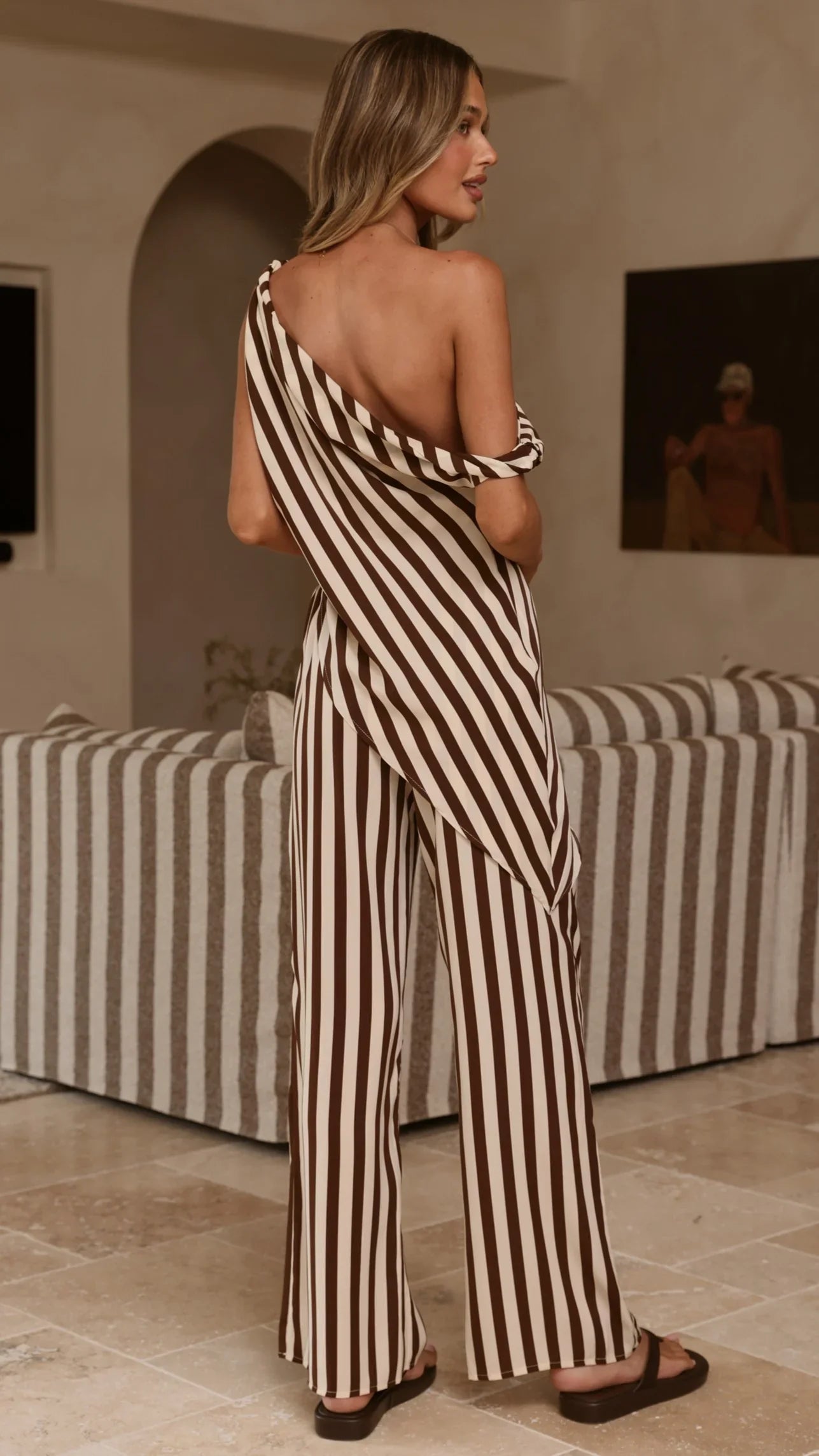 Liana Off Shoulder Top Pants Set Brown Stripe