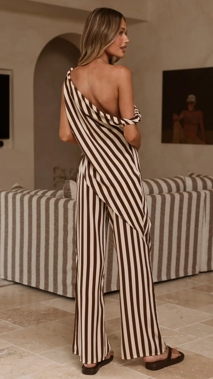 Liana Off Shoulder Top Pants Set Brown Stripe