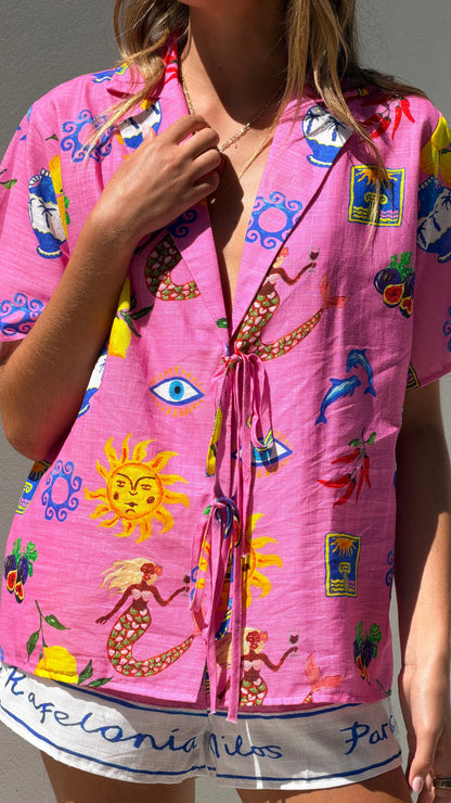 Dayana Tie Up Shirt and Shorts Set Greek Island Print