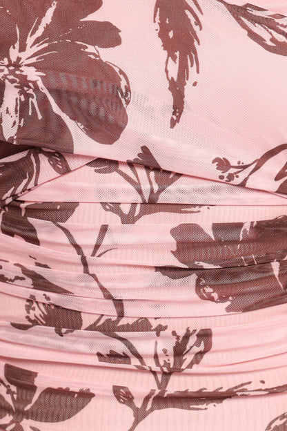 Navida Off Shoulder Mesh Top Pink Brown Floral