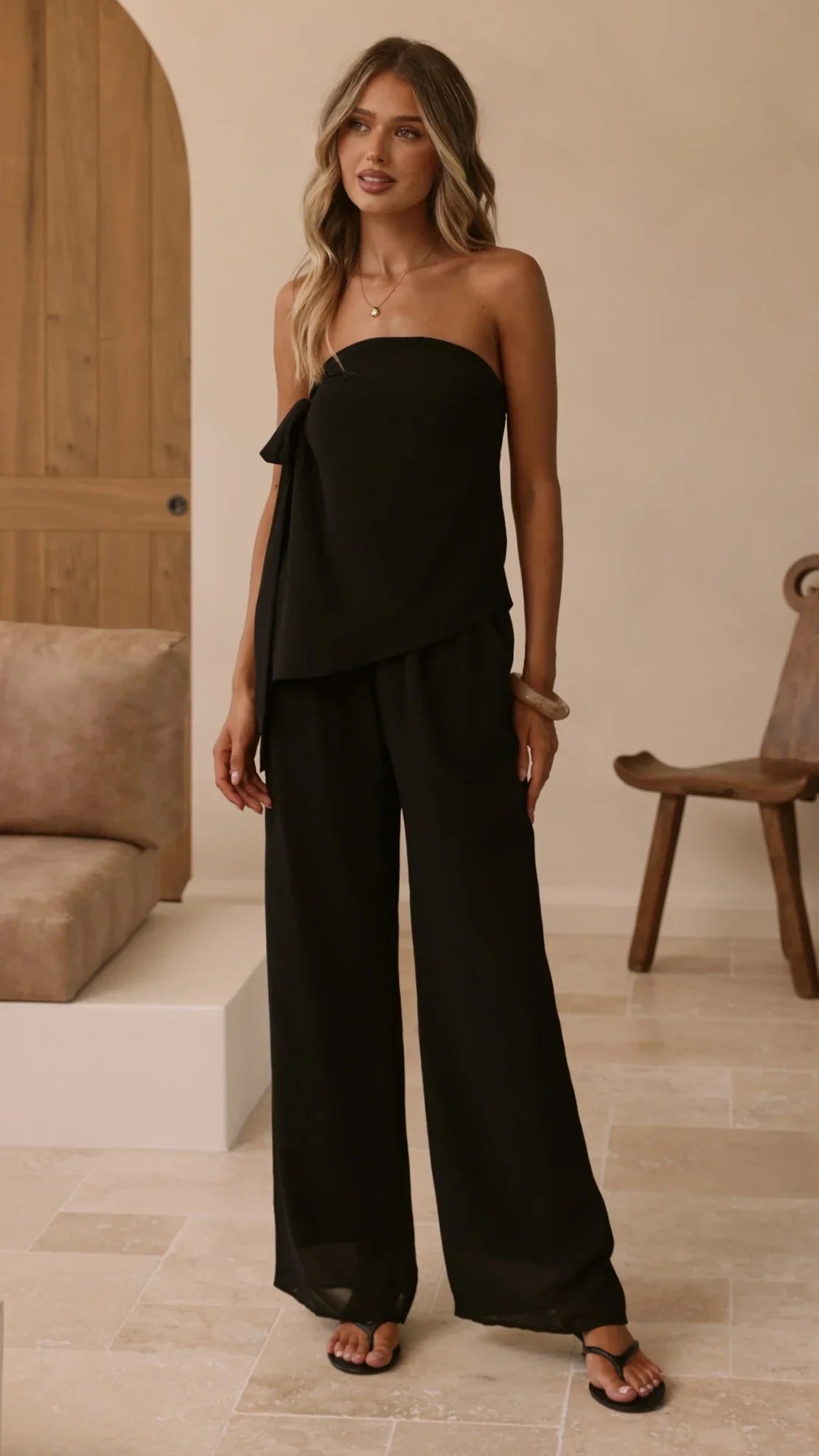 Zabrina Semi Sheer Strapless Top and Pants Set Black