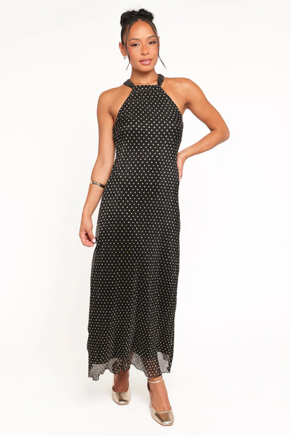 Melody Plisse Halter Maxi Dress Black Gold Polka Dot