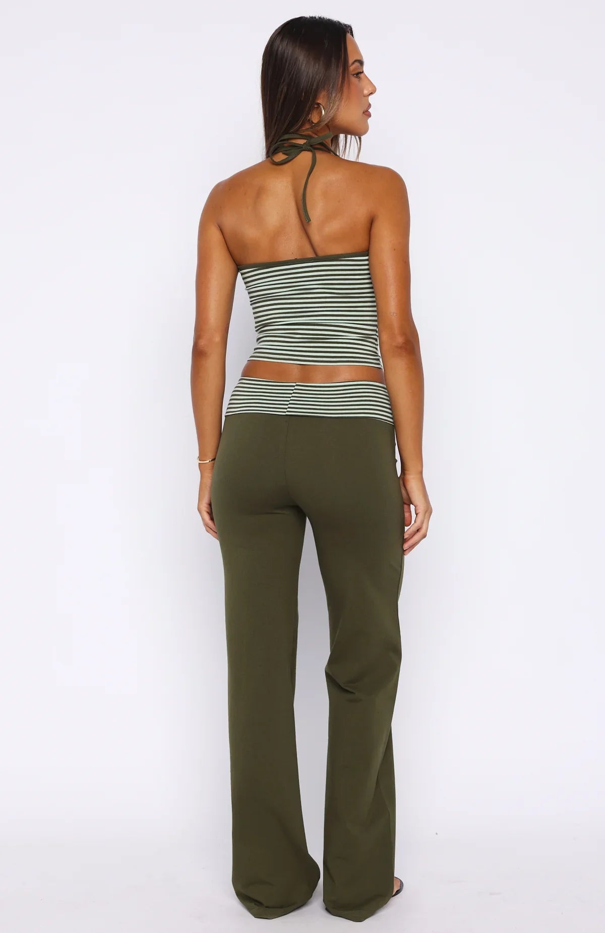 Lucky Charm Fold Over Pants Khaki Mint Stripe