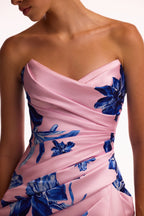 Strapless pink maxi dress with blue flowered pattern Glow Up
