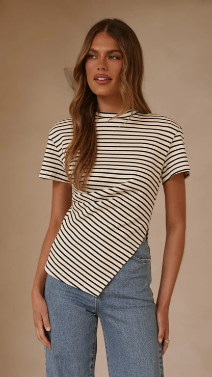 Tiarna Side Ruched Tee Black White Stripe
