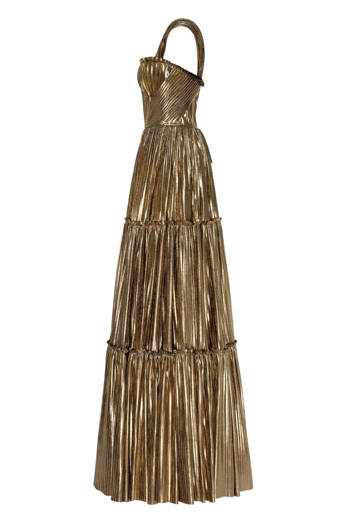 Golden Shiny maxi evening dress with an off the shoulder neckline